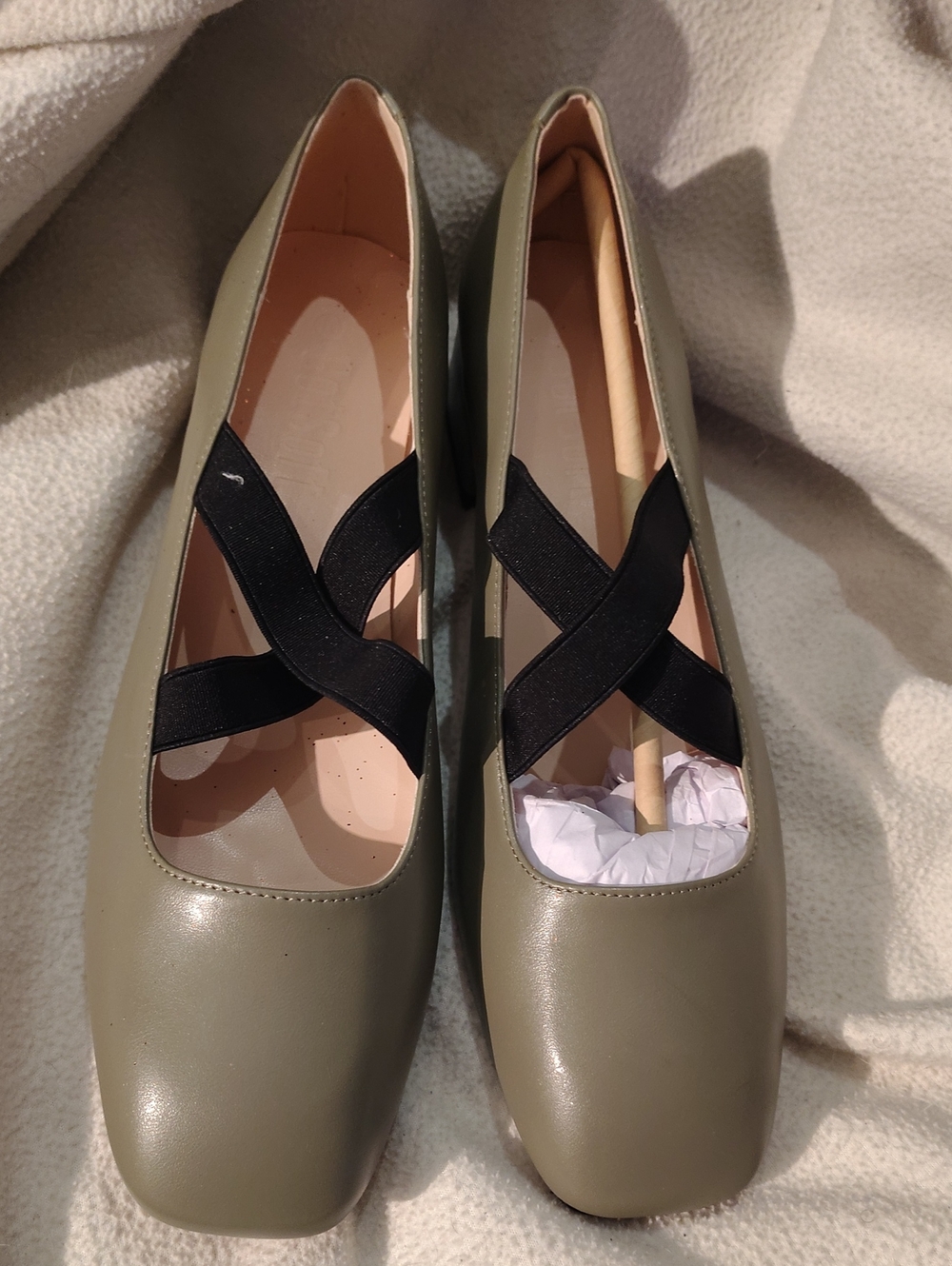 Women’s Olive Green Ballet Flats with Black Cross Straps